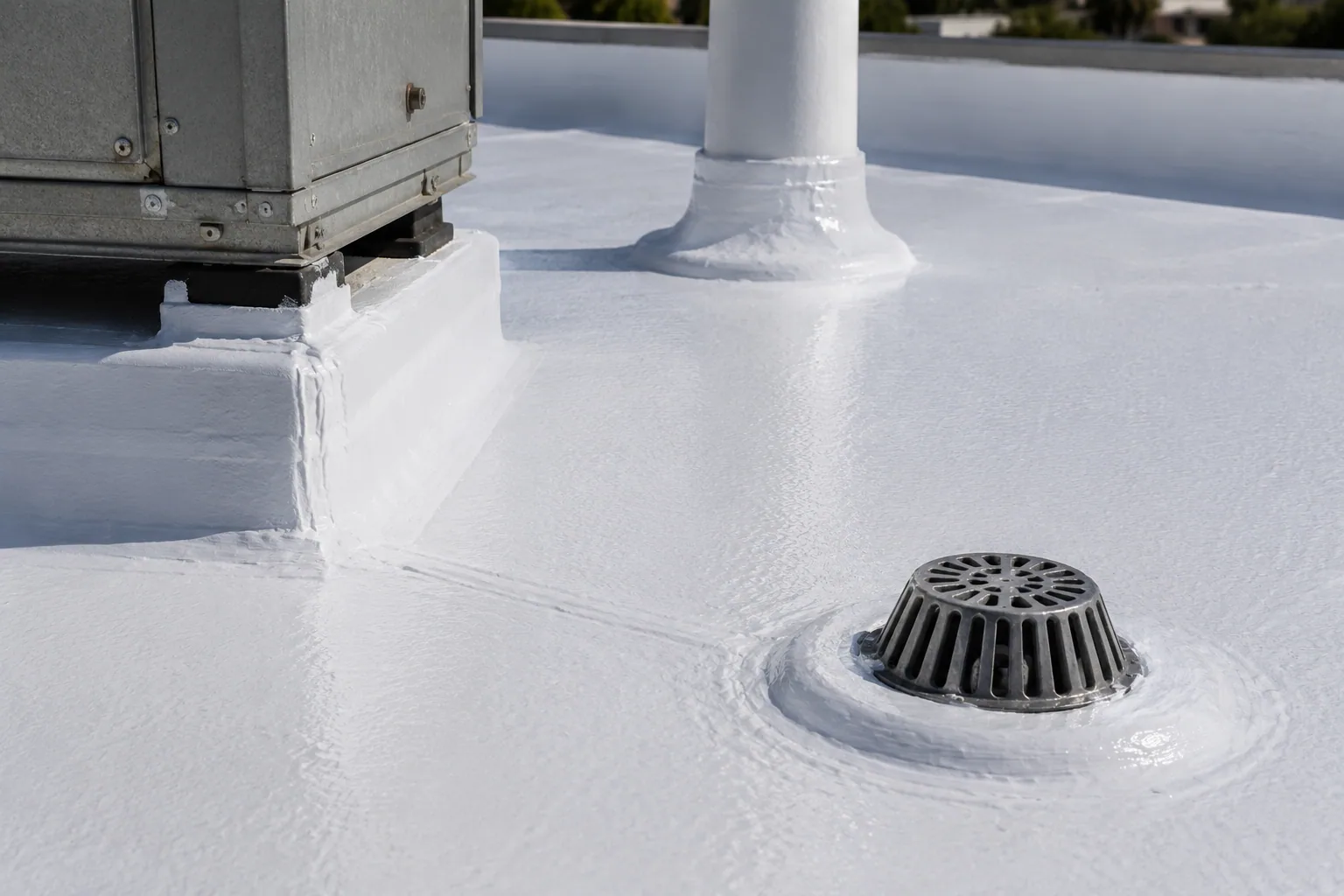 TPO roofing with a drain and rooftop curb